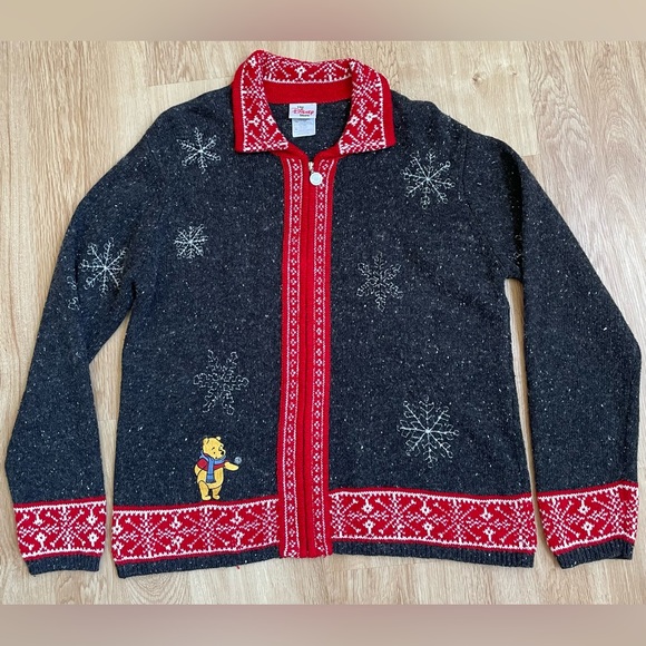 Disney Sweaters - Vintage Disney store zip cardigan Winnie the Pooh XL snow gray red trim wool